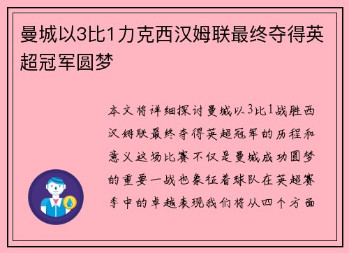 曼城以3比1力克西汉姆联最终夺得英超冠军圆梦