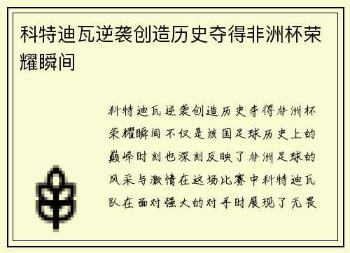 科特迪瓦逆袭创造历史夺得非洲杯荣耀瞬间